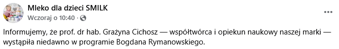 Informacja z portalu Facebook, iż prof. Grażyna Cichosz jest współtwórcą marki Smilk.