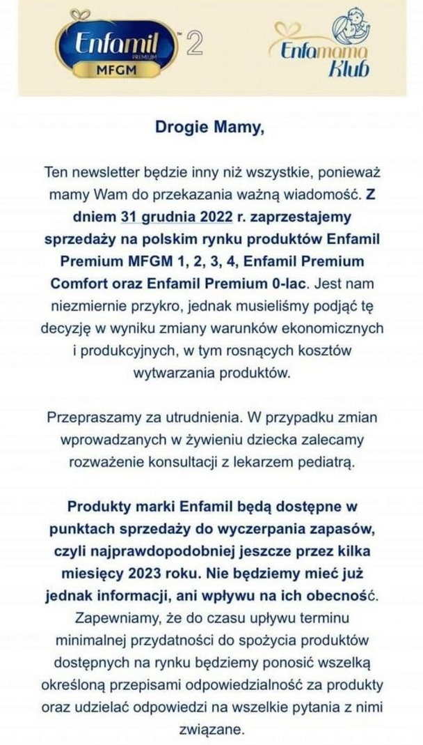 Newsletter od Reckitt - informacja o wycofaniu mleka modyfikowanego Enfamil z Polski