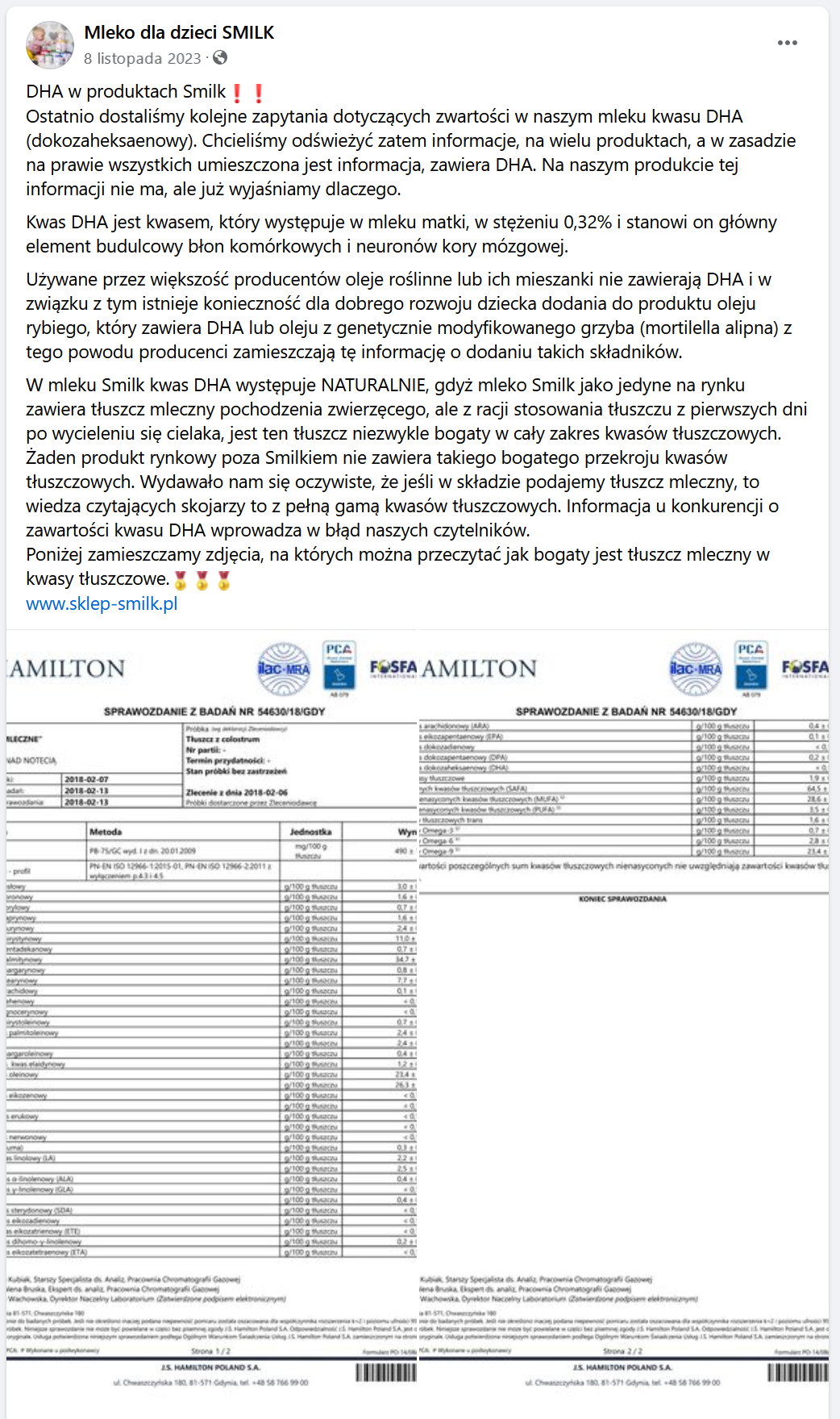 Zrzut ekranu z portalu Facebook; wpis na temat profilu kwasów tłuszczowych w produktach SMILK