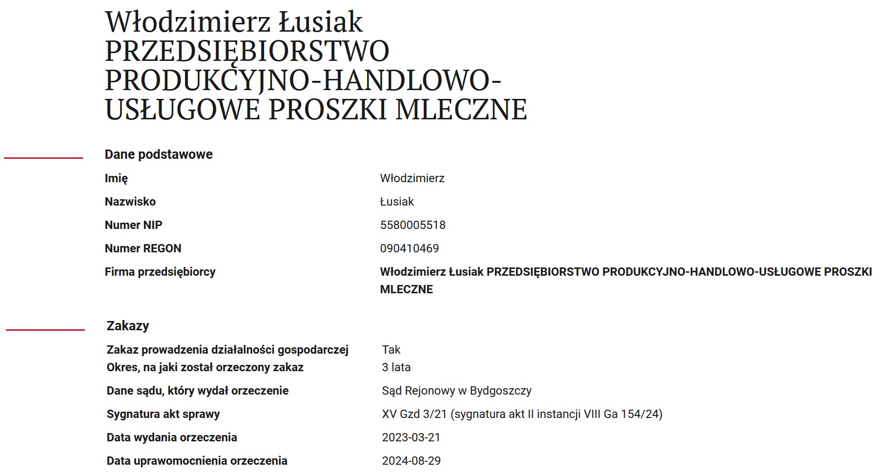 Sądowy zakaz prowadzenia działalności gospodarczej nałożony na Pana Włodzimierza Łusiaka PROSZKI MLECZNE